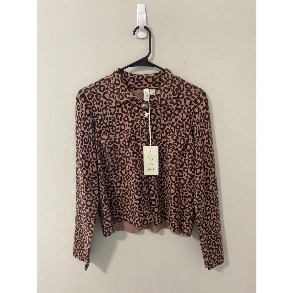 New Joie Cheetah Print Collared Cardigan Sweater Womens Large Luxe